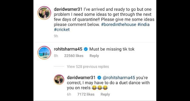 David Warner and Rohit Sharma indugling in some friendly banter (thecricketlounge)