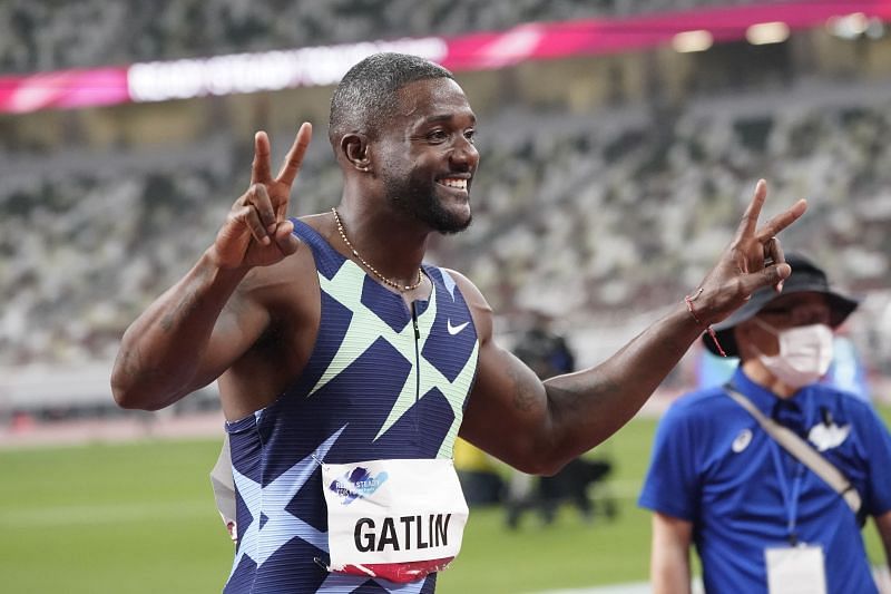 Justin Gatlin is all smiles after winning the 100m race at the Tokyo test event ahead of the Tokyo Olympics.