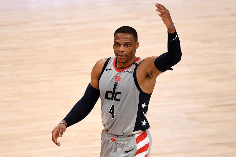 Russell Westbrook #4 talks to the crowd after a play