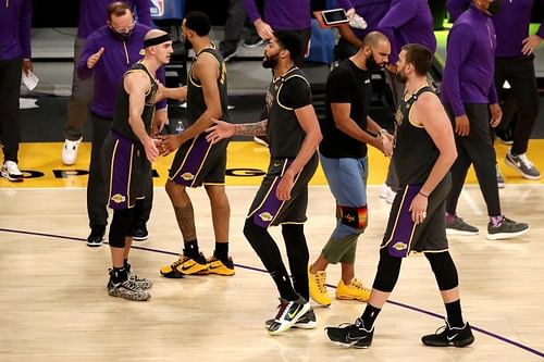 Anthony Davis (#3) and Marc Gasol (#14) of the LA Lakers