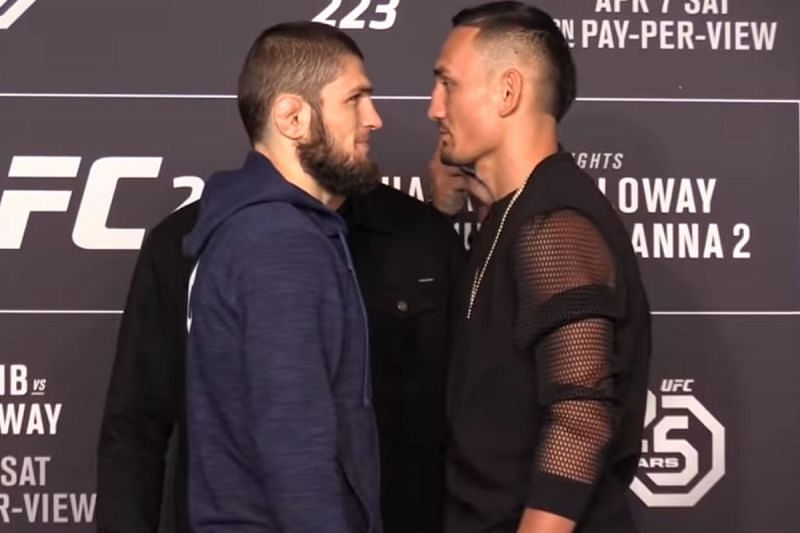 Khabib Nurmagomedov (left) vs. Max Holloway (right) media day face-off [Image credit: YouTube - MMA Weekly]