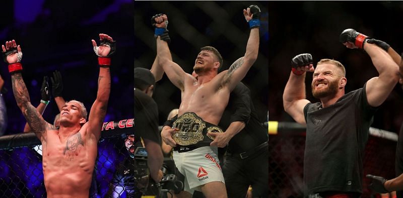 Charles Oliveira (left), Michael Bisping (center), Jan Blachowicz (right).