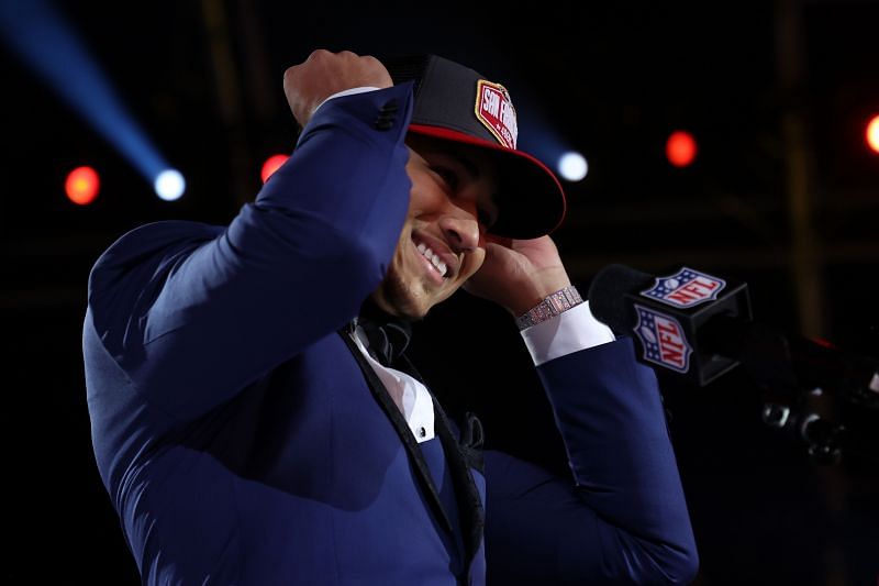 Trey Lance speaks after being selected third overall by the San Francisco 49ers during the 2021 NFL Draft on April 29, 2021, in Cleveland, Ohio