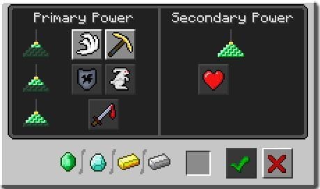 An image of the beacon menu seen when using a Beacon (Image via Minecraft)