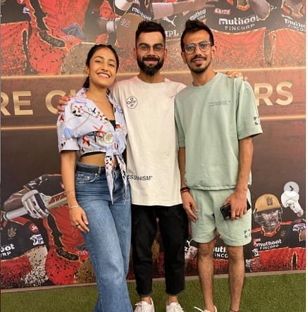 Dhanashree Verma with Virat Kohli and Yuzvendra Chahal (Credit: Instagram)