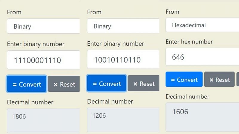 Conversions of binary and hexadecimal to decimal