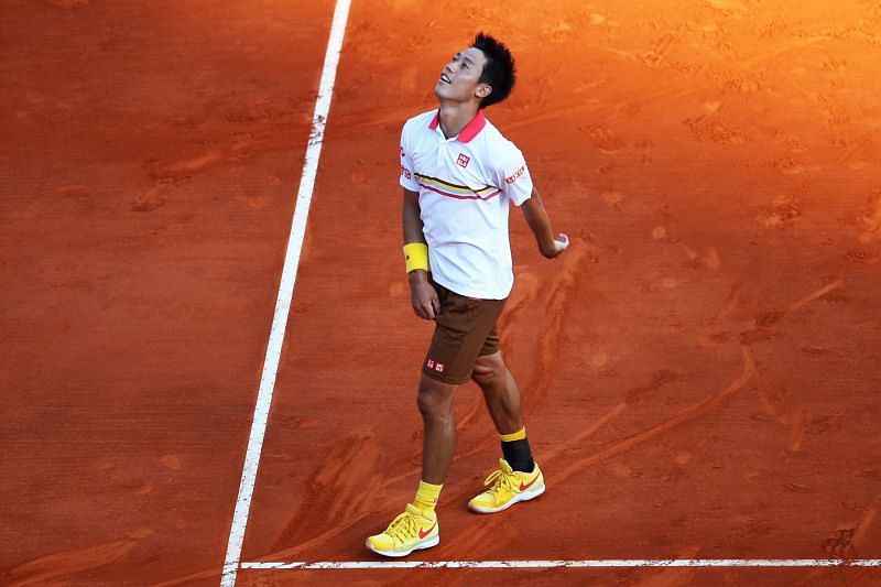 Kei Nishikori celebrates after beating Alexander Zverev at Monte Carlo