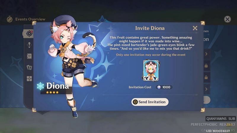 Diona redeem page in the new Genshin Impact event (Image via ZealsAmbitions)