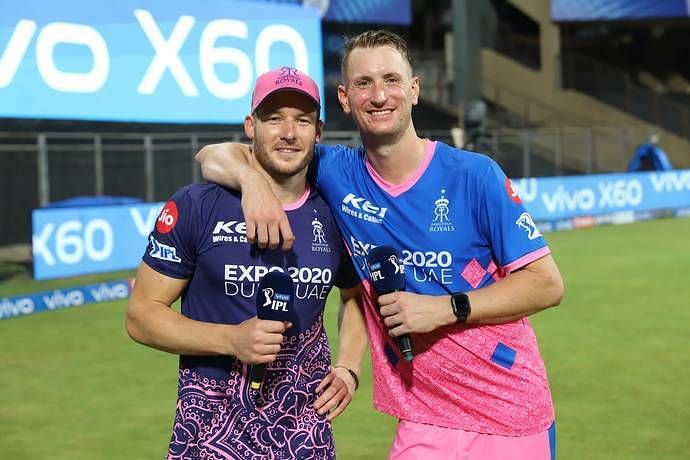 Rajasthan Royals&#039; David Miller (L) and Chris Morris.