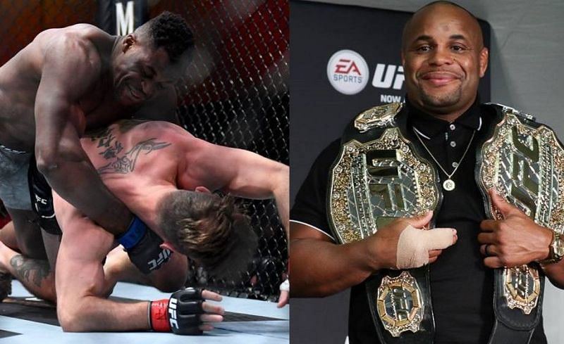 Francis Ngannou vs. Stipe Miocic at UFC 260 (left); Daniel Cormier (right)