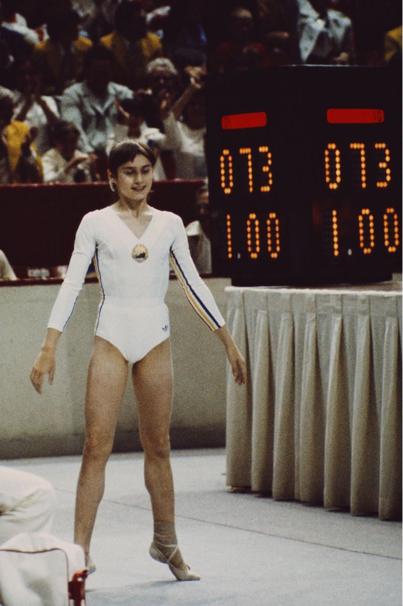 Nadia Comăneci awarded a perfect 10 at the Montreal Olympics.
