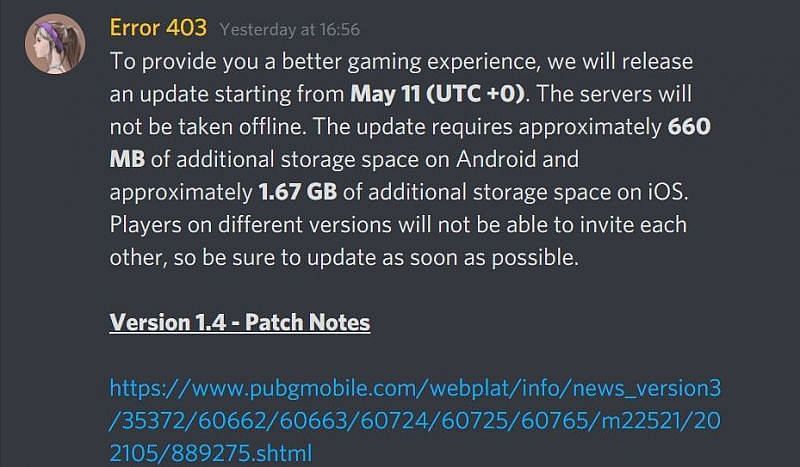 The Discord message revealing the release time of the PUBG Mobile 1.4 update