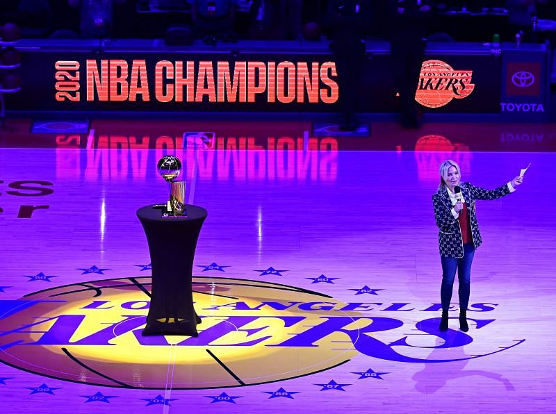 President of the Los Angeles Lakers Jeanie Buss speaks during a banner unveiling ceremony for the Los Angeles Lakers&#039; 2020 NBA Championship