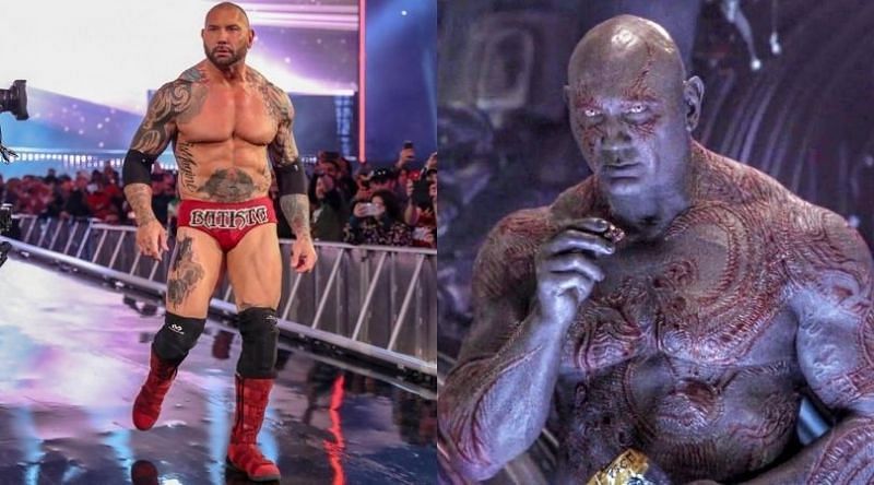Batista at WrestleMania 35 (L) and Batista as Drax (R)