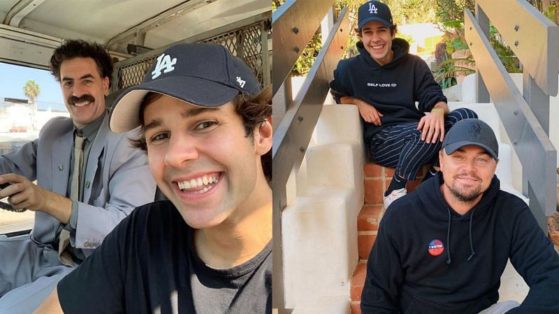 (Left) David Dobrik with Borat. (Right) David Dobrik Leonardo DiCaprio/Image via Instagram