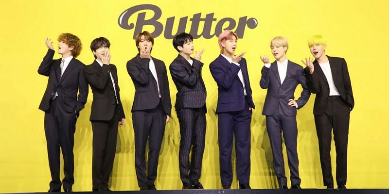 BTS pose at the Global Press Conference for &ldquo;Butter&rdquo; (Image via Teen Vouge)