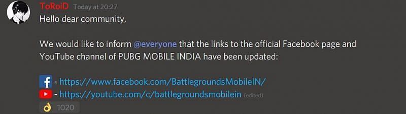 Discord announcement of Battlegrounds Mobile India