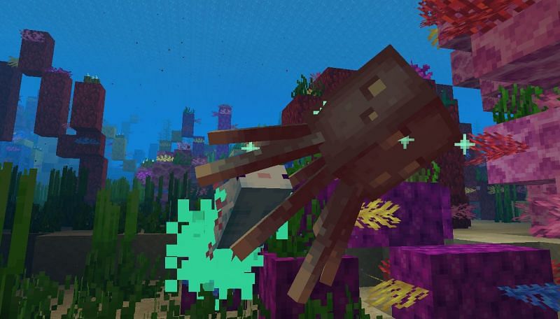 An angry Axolotl being aggressive towards an annoyed Squid (Image via Minecraft)