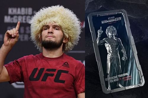 Khabib Nurmagomedov (Left); Khabib Nurmagomedov NFT cards (Right) [Image credit of NFT cards: Khabib Nurmagomedov's Instagram]