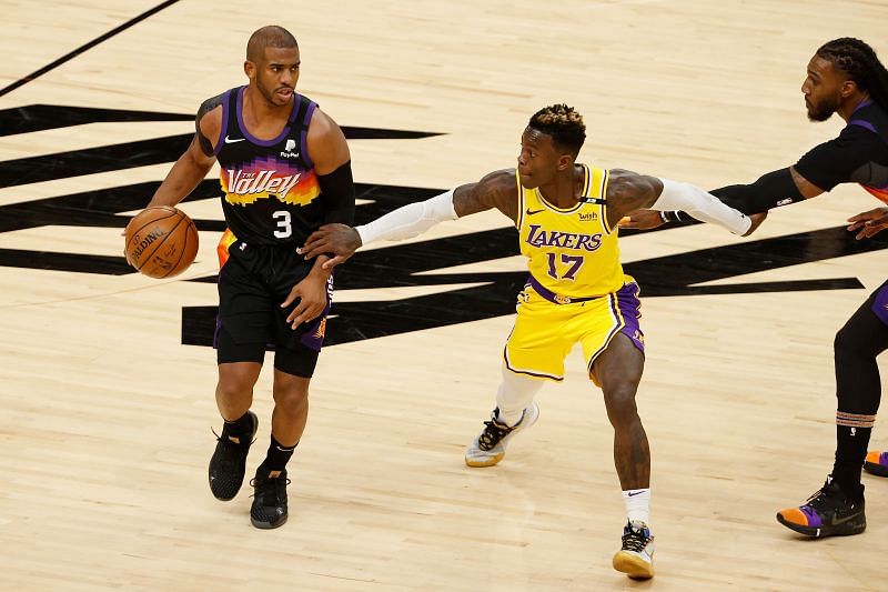 Chris Paul #3 handles the ball against Dennis Schroder #17.