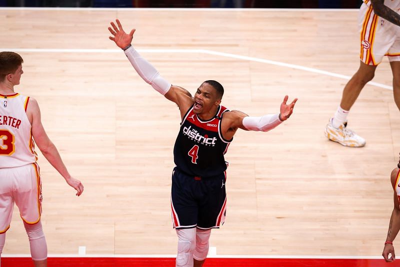 Russell Westbrook #4 celebrates after scoring a basket