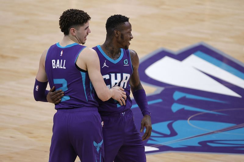 LaMelo Ball and Terry Rozier of the Charlotte Hornets