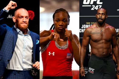 Conor McGregor (left); Claressa Shields (center); Jon Jones (right).