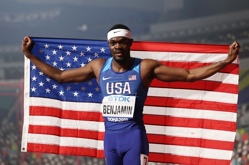 Rai Benjamin of the United States celebrates winning silver in the Men&#039;s 400 meters hurdles final at the 2019 IAAF World Athletics Championships in Doha (Photo by Maja Hitij/Getty Images)