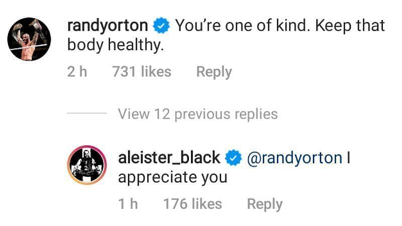 Aleister Black and Randy Orton&#039;s exchange on Instagram.