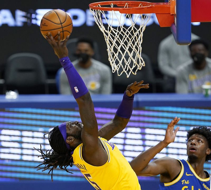 Montrezl Harrell of the LA Lakers lays it in against the Golden State Warriors