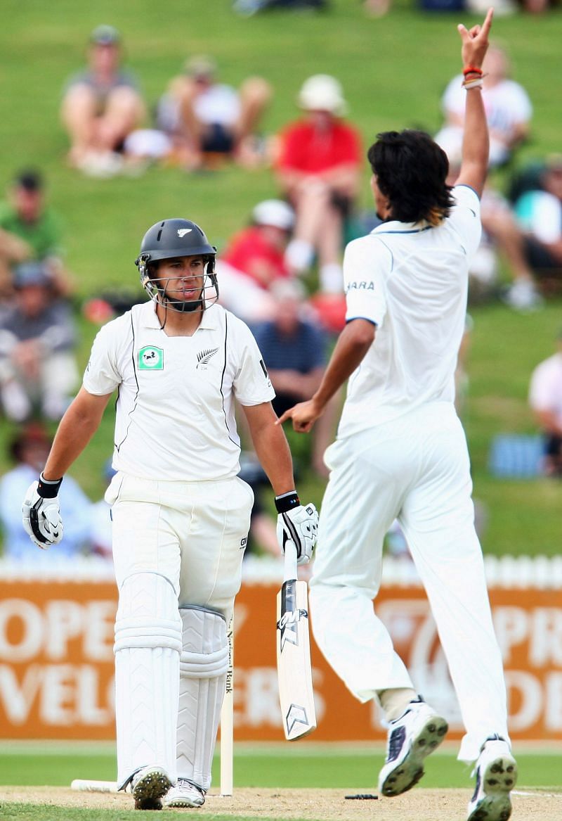 Ishant Sharma celebrates the wicket of Ross Taylor.