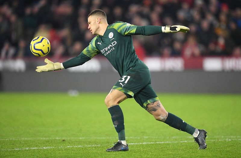 Manchester City&#039;s Ederson in action against Sheffield United