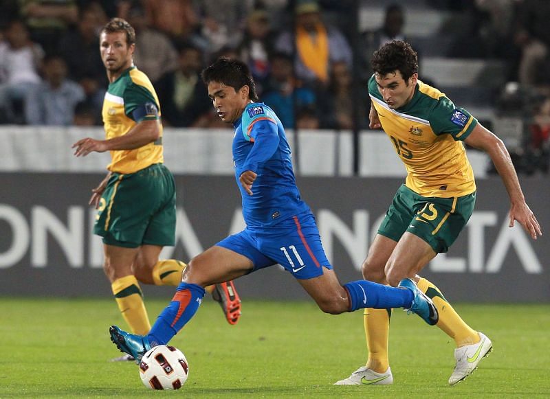 Indian Football Team captain Sunil Chhetri (in blue) will return to action after missing the earlier two friendly matches. (Photo by Robert Cianflone/Getty Images)