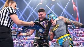 Dominik Mysterio reacts to his first championship win at WrestleMania Backlash