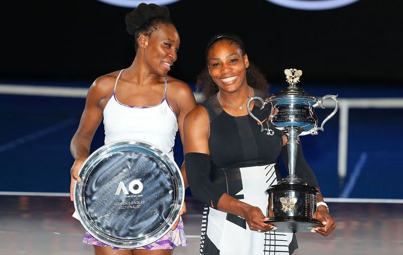 Venus Williams with Serena Williams after the final of the 2017 Australian Open