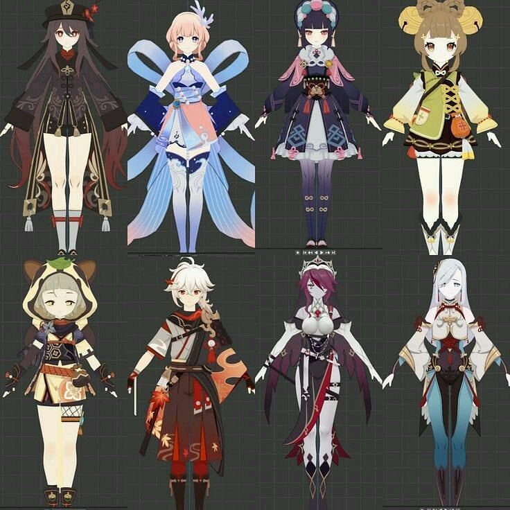 Some of the leaked models, with Hu Tao and Rosaria being released after this image was leaked (Image via Genshin Impact Leaks Reddit)