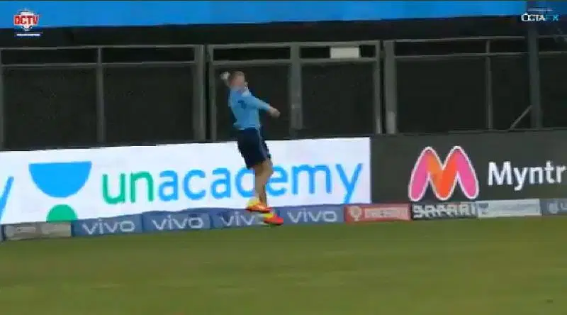 Sam Billings took a brilliant catch in the training session.. Screengrab: DelhiCapitals Twitter