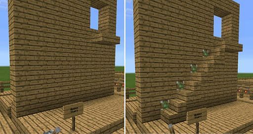 The before and after of a hidden stairs build in Minecraft (Image via addonsmaster)