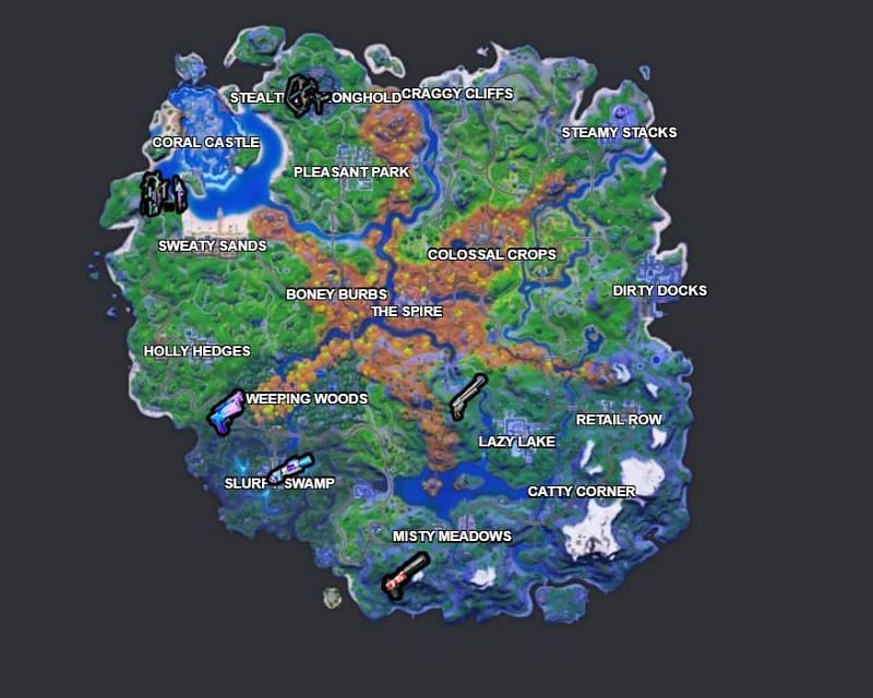 Location of Exotic weapons in Fortite Season 6 (Image via Fortnite.gg)