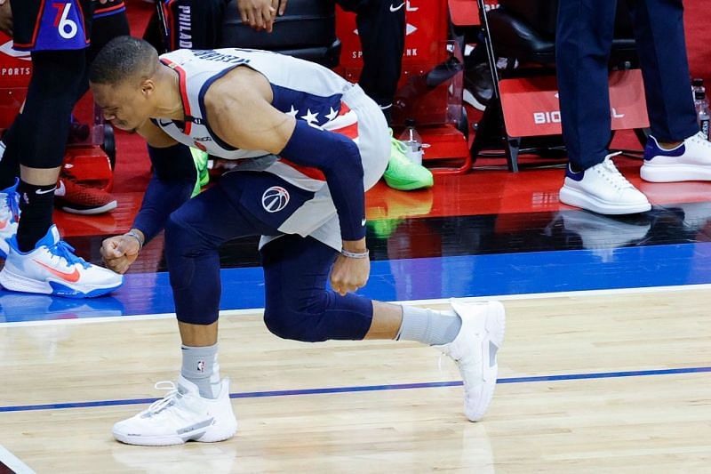 Russell Westbrook winces after tweaking his ankle
