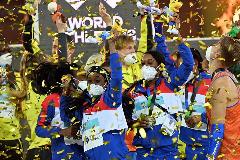 Cuba celebrate with their World Athletics Relays gold medals at the Merchant logo Slaski Stadium