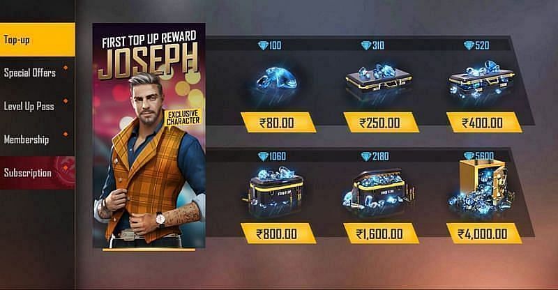 Diamonds in Free Fire and their respective prices