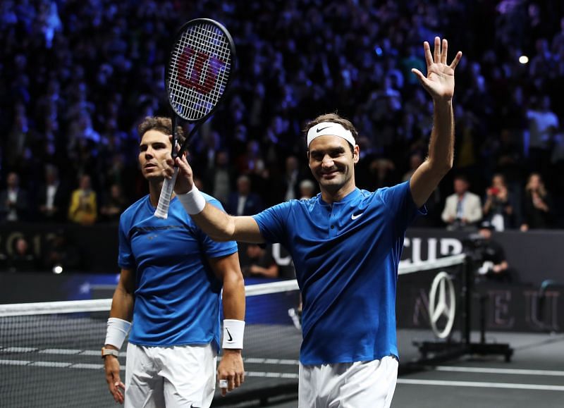 Rafael Nadal and Roger Federer during the Laver Cup.