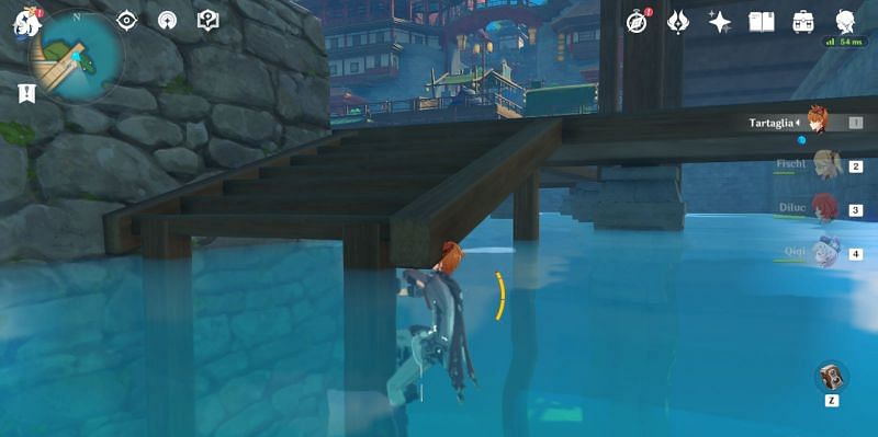 Tartaglia climbing the staircase pillar to perform the underwater glitch (image via Genshin Impact)