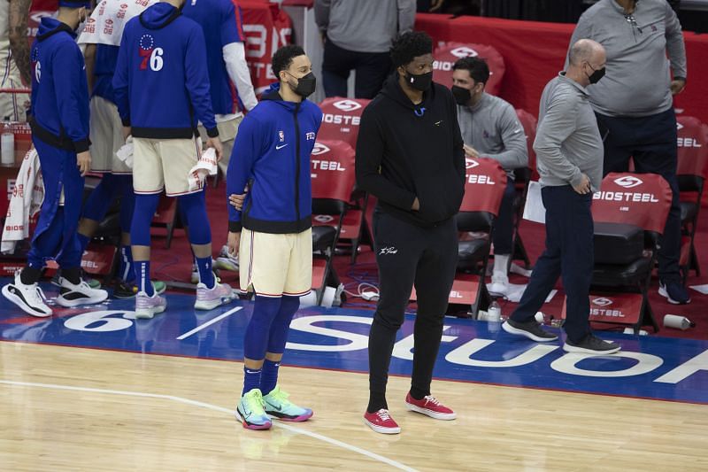 Ben Simmons #25 and Joel Embiid #21 look on in the final moments of the game against the Memphis Grizzlies.