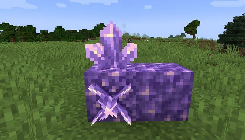 Shown: A Budding Amethyst that has sprouted some Amethyst Clusters (Image via Minecraft)