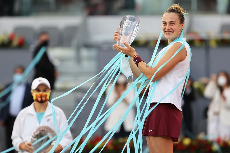 Aryna Sabalenka with the 2020 Madrid Open trophy