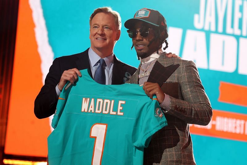 Jaylen Waddle being drafted in the first round of the 2021 NFL Draft.