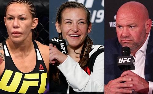 Cris Cyborg (left); Miesha Tate (center); Dana White (right)