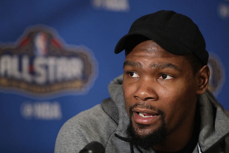 Kevin Durant #35 speaks with the media during media availability